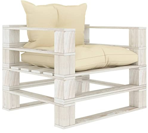 PHGTYUK Garten-Palettensofa mit Kissen in Creme Holz, 4 weiche dick gepolsterte Kissen, Outdoor-Sofa aus Kiefernholz für Terrasse und Garten, langlebiges Lounge-Sofa mit rustikalem