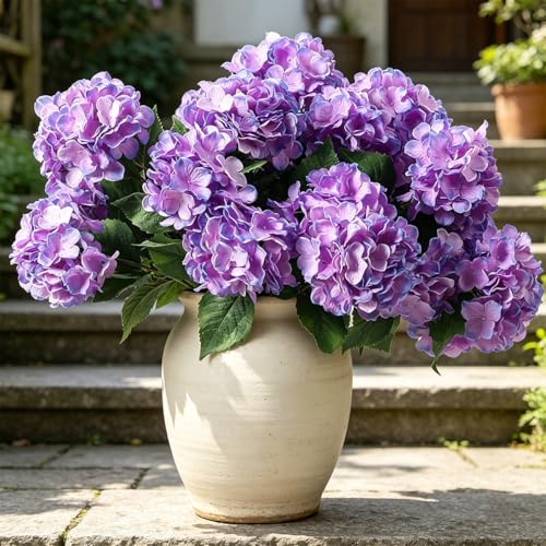 Laelfe 3 Piezas Grande Hortensias Artificiales para Exterior, Morado | 45 cm Tallo Largo Ramos de Hortensias de Seda para Jardín, Terraza, Porche, Centros de Mesa