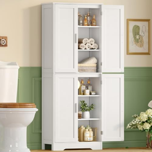 TEENFON 170 cm Badezimmerschrank mit 4 Türen, Hochschrank mit 2 Feste Regale, Badschrank mit 2 Verstellbare Regale, Mehrzweckschrank für Bad,Wohnzimmer, Küche, Esszimmer - 60 x 30 x 170 cm - Weiß