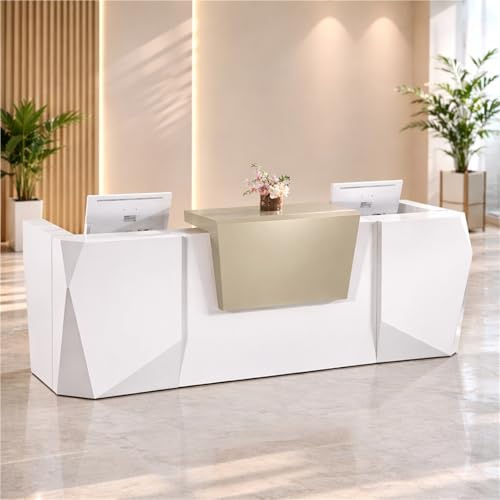 UKETO Moderne Minimalistische Empfangstheke Mit Hochglanz Lackierung, Rezeptionstisch Kassentheke Verkaufstresen Für Büro, Hotel, Salon, Praxis, Empfangsbereich(Gold,300cm/118.11)