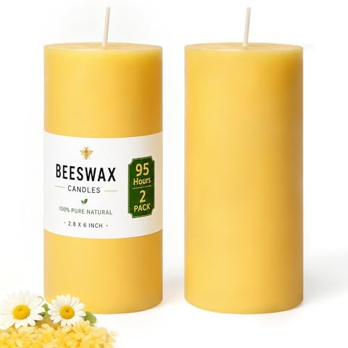 95 Hour Pure Beeswax Candles,2 Pack Large Yellow Pillar Candle, 7X15cm | Paraffin-free Natural Bees Wax,Clean Burn,Subtle Honey Scent,Cotton Wicks, Smokeless for Home Emergency