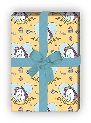 Kartenkaufrausch Mädchen Geschenkpapier Set mit Pferd in Herz mit Krone für tolle Geschenk Verpackung, Designpapier, scrapbooking 32 x 48cm, Dekorpapier, Musterpapier zum Einpacken, auf gelb