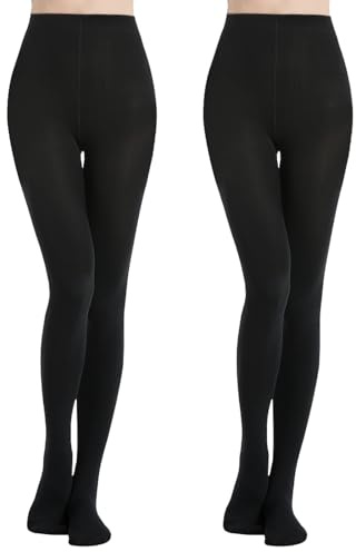 MANZI Women's 2 Pairs Super Opaque Soft Black Warm Fleece Tights 400 Denier(Size:L)