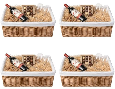 H-LINE 4 x LARGE Brown Wicker Willow Storage Baskets with Cloth Lining Ideal for Christmas/Easter/Newborn Gift Hamper, Make Your Own Hamper
