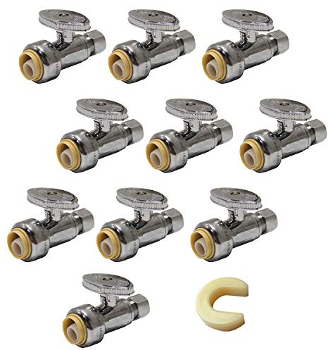 (Pack of 10) EFIELD Push Fit 1/4 Turn Straight Stop Valve Water Shut Off 1/2 Push x 3/8 Inch Compression Chrome with a Disconnect Clip,(PF-VALVE021-10PCS)