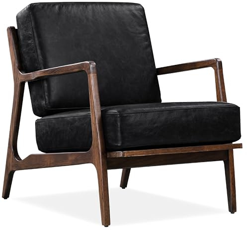 Poly & BARK Verity Leather Accent Chair – Armchair with Walnut Wood Frame – Fashion-Forward Lounge Seating for Living Room – Upholstered in Onyx Black Leather for Modern Style
