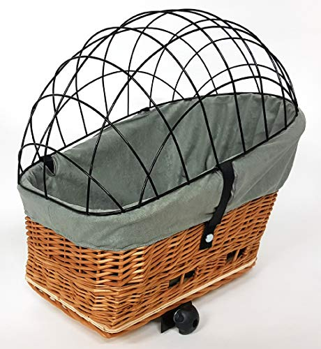 Tigana - Hundefahrradkorb für Gepäckträger aus Weide Natur 56 x 36 cm mit Metallgitter Tierkorb Hinterradkorb Hundekorb für Fahrrad (N-S) (XL + Kissen + Einlage G1)