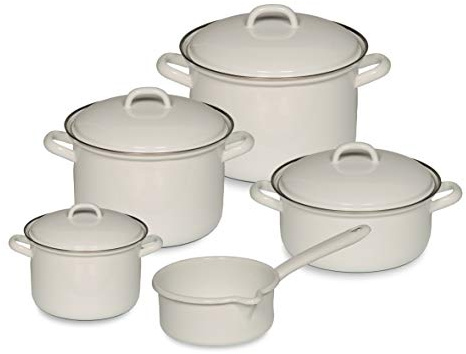 Riess, 0547-033, Kochtopf-Set, 5-teilig, Weiss, 1l+2l+2,5l+4,5l Töpfe+ 0,75l Stielkasserolle, Topfset, Kochtopfset, Kochgeschirr