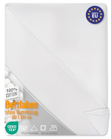 Bettlaken ohne Gummizug Baumwolle 2er Set: 180x200 cm - Bed Sheets Betttuch ohne Gummi und Laken Bedsheets Baumwollstoff weiß und Kochfest mit Oeko-Tex-Zertifikat 180 x 200