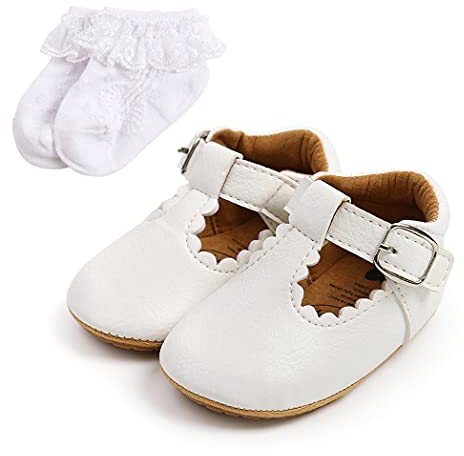 Sehfupoye Baby Mary Jane Erste Wanderschuhe Baby Jungen Mädchen Prinzessin Weiche Sohle Kleinkind Schuhe Turnschuhe Säuglings PU Leder Prewalker für 0-18 Monate mit Socke