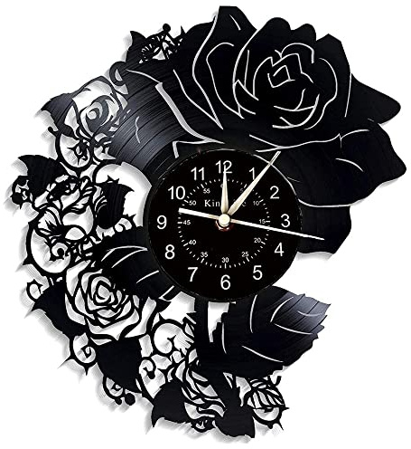 Smotly Vinyl Wanduhr - Klassische Schwarze Rose Blume Design, Stilvolle Kunst Home Decoration Geschenk (Ohne Licht)