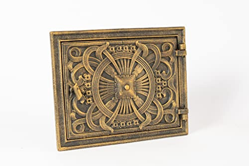 SEZAM dekorative Backofentür aus Gusseisen - mit Türknauf, Brotofentür - Steinofentür - Pizzaofentür 25,7 x 4 x 32,5 cm - rechteckig, altgoldfarben bemalt