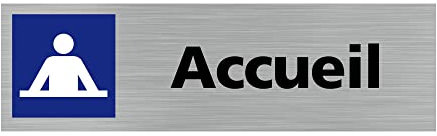 Pictogramme ACCUEIL (Q0101). Signalisation Porte - 170 X 50 mm - Autocollant souple ou plaque alu brossé 2mm. - Adhésif aspect aluminium brossé - Adhésif aspect aluminium brossé -