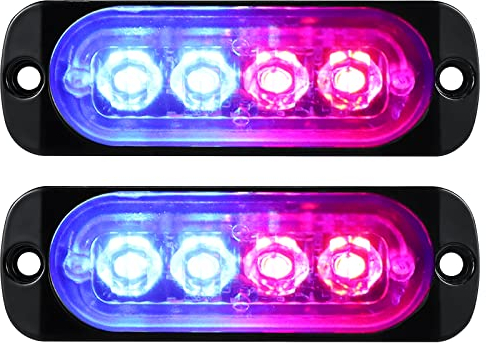 Willpower 2pcs 3.3 Inch LED Strobe Warning Lights, Blue Red 4 LED Safety Emergency Flashing Light Construction Hazard Beacon LED Light Bar For Car Truck Van Off Road Vehicle Boat Surface Mount