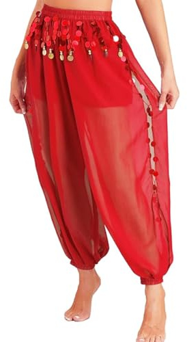 Leemiman Damen-Bauchtanz-Kostüm, Haremshose, indischer Tanz, Bollywood, hängende Münzen, Pailletten, Laternenhose, Chiffon, rot, L