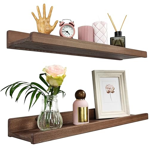 Wood Wedge Wandregal 60cm, Regal Wand Holz 2er-Set, Hängeregal Wandhalterung Regalbrett, Modern Schweberegal, Schmales Bilderleiste für Badezimmer, Wohnzimmer, Küche, Schlafzimmer (Nussbaum)
