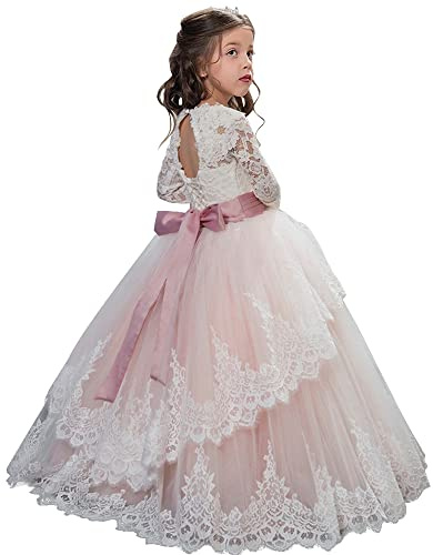PLWEDDING Vestido de encaje largo con mangas de flores para niña, vestido de princesa de tul para niños, vestido de primera comunión, Rosa., 8-9 años