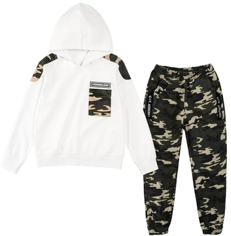LOLANTA 2PCS Tuta da Ginnastica per Bambini Felpa per Ragazzi Top con Cappuccio e Pantaloni da Cargo Mimetici, Bianco, 12-13 anni, 170