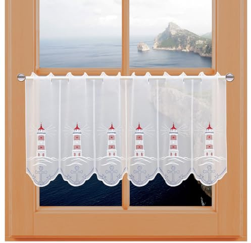 kollektion MT Bestickte Badgardine Leuchtturm mit Anker Moderne Küchengardine Scheibenhänger aus Vogtländischer Spitze 40 x 112 cm