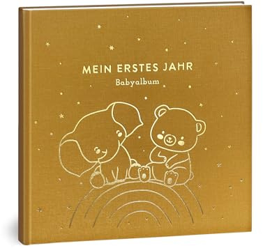 Mein erstes Jahr Babyalbum - Hochwertiges Leinenbuch mit Goldprägung für die schönsten Erinnerungen - Babybuch zum Eintragen für das erste Lebensjahr - Baby Geschenk zur Geburt (Regenbogen Gold)