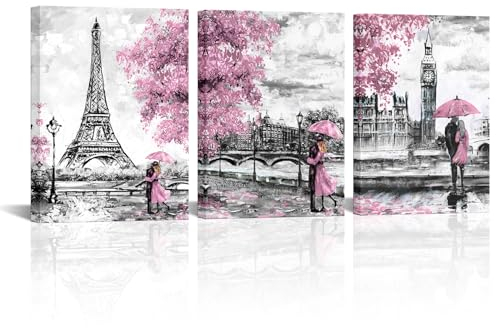 iKNOW FOTO Leinwanddrucke, Motiv Paris und London, romantisches Paar unter Umberlla, für Schlafzimmer, Wohnzimmer, Badezimmer, Eiffelturm und Big Ben, Schwarz und Weiß mit rosa Motiven