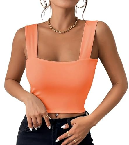Haibang crop top damer sexig fyrkantig hals linne topp ärmlös linne kort sommar toppar passform korsett topp basic skjorta camisole streetwear, apelsin, M
