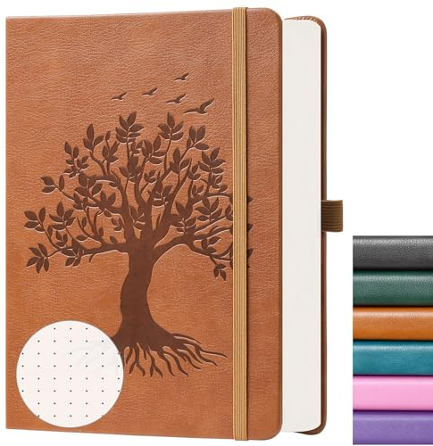 ZXHQ A5 Bullet Dotted Journal Gepunktet Notizbuch: 150gsm dickes Papier, 256 Seiten, Punktraster-Hardcover, Lebensbaum-Design, feine Innentasche - 15 × 21cm Braun
