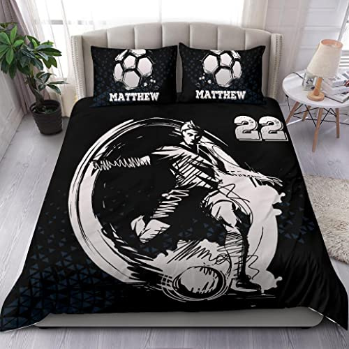 OhaPrints Custom Soccer Boy Black White Player Gift Idea Personalized Name Number Duvet Cover & Pillowcase, Lightweight Duvet Protector Comforter Cover, Twin Full Queen King Size Bedding Bed Set