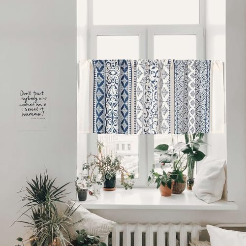 AMDXD Skivgardiner för kök moderna, blå böhmisk stil blommor geometrimönster kök skivgardiner ogenomskinlig bomull linne öljettskynke för avskildhet fönstergardin, B x H 150 x 45 cm