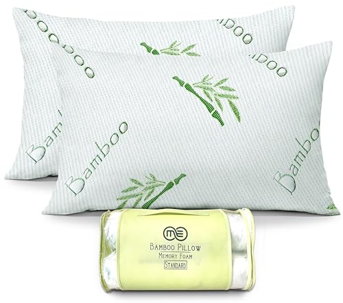 OMEO 2 Pack Standard Size Rayon Derived from Bamboo Pillow for Sleeping Shredded Memory Foam Bed Pillows for Side, Back and Stomach Sleepers, Soft, Cooling, Adjustable and Washable Cover 20 x 26