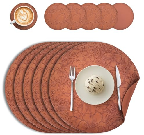 Tischsets Abwaschbar und Untersetzer 6er Set, Rund Doppelseitigen Tischsets Leder rutschfest wasserdicht Platzdeckchen Kunstleder Platzset Lederoptik (Braun)