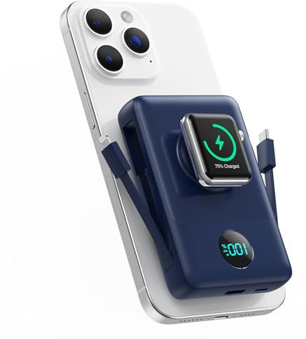 Magnétique Batterie Externe avec Cable Intégré, 10800mAh sans Fil Powerbank PD 25W Charge Rapide Chargeur Externe Portable avec Affichage LED Compatible avec MagSafe/Apple Watch/iPhone 16/15/14/13/12