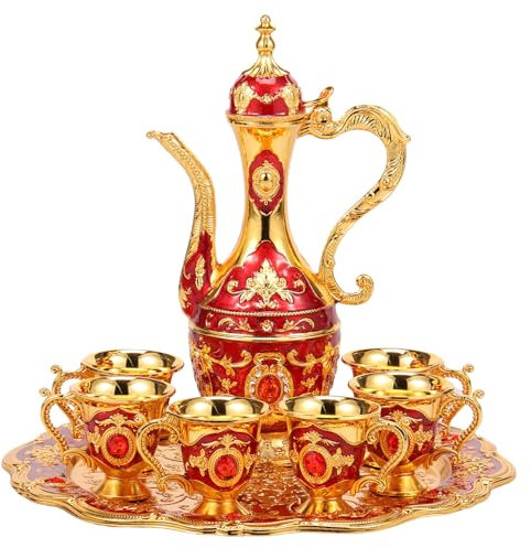 Foppla Turkish Tea Set Vintage Turkish Coffee Set with Pot Tray 6 Cup Multifunctional Decorative Teapot Kit for Home Living Room Bar Party