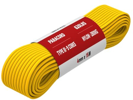 Brotree Paracord 4mm 15M 100% Nylonrep 9 Trådar Sladd Typ III Nylonsnöre för Utomhus, Camping, Hundkoppel, DIY, Armband - 280kg Brottlast (Gyllengul)