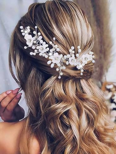 Zoestar Haarschmuck mit Blume, Braut, Hochzeit, Weinrebe, silberfarben, Perlen, Kopfschmuck, Braut-Haarschmuck für Damen und Mädchen (Silber, Einheitsgröße)