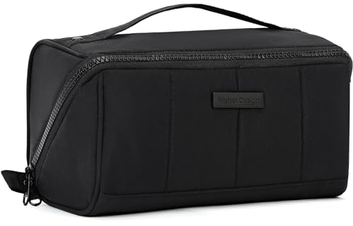 NISHEL Travel Makeup Bag Organizer Pouch Open Flat Cosmetic Case Brush Slot | Open-flat design keeps cosmetics, brushes, and beauty tools organized for travel and daily routines, Medium, Black