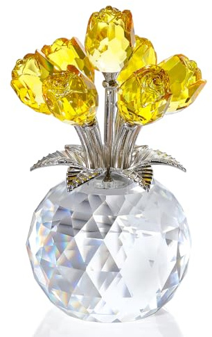 Ornalrist Crystal Yellow Rose Bouquet Figurine Ornaments Gifts for Women | Glass Rose Floral Collectible Figurines, for Wife, on Valentine's Mother's Day Birthday Christmas Ruby Anniversary
