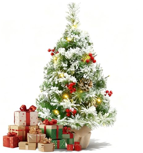 Arbol De Navidad PequeñO,55cm áRbol De Navidad Artificial con Luces Led Y Adornos,Mini áRbol De Pino con Base De Madera,6 PiñAs Y 6 Bayas Rojas,DecoracióN NavideñA para Mesa,Hogar U Oficina