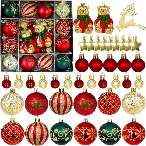 Christmas Baubles, 44pcs Christmas Tree Decorations Red Gold and Green Baubles Xmas Decorations Xmas Tree Hanging Ball Ornaments for Home Decor, Shatterproof Balls