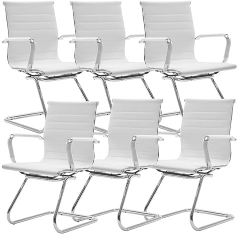 Ya-Home Set di 6 Sedia Cantilever Sedie Ufficio in Ecopelle Sedie da Reception per Sala Riunioni Sedia Visitatori con Braccioli per Ufficio, Conferenza, Sala d'attesa, Bianca