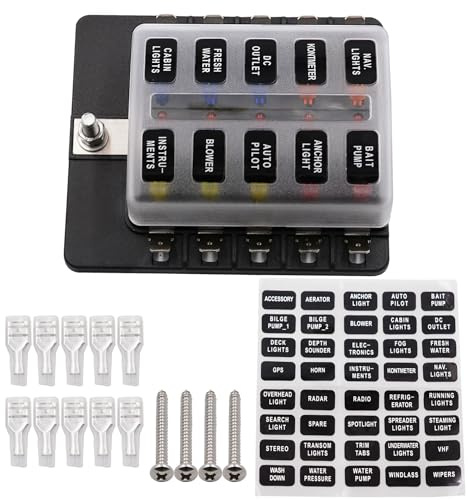 MotorMinds Wasserdichter Kfz Sicherungskasten, 10 Fach Sicherungshalter Wasserdicht, KFZ Sicherungshalter mit Clip-On-Abdeckung und Roter LED-Anzeige für Wohnmobil Boot Camper