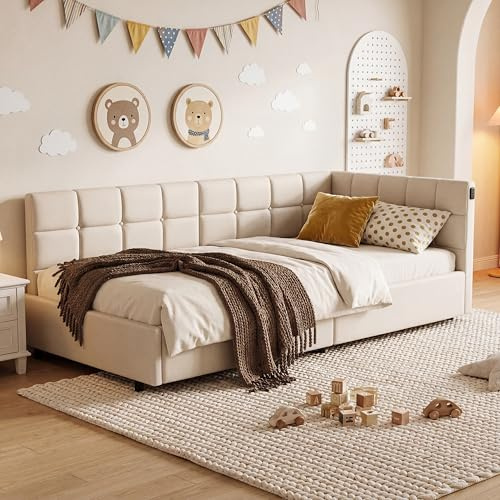 Einzelbett 90x200 cm mit Stauraum, Bett mit LED, Boxspringbett Eckbett Polsterbett mit hydraulischem Stauraum, Bettgestell mit Lattenrost aus Holz,Kinderbett Einzelbett Schlafsofa (Beige A, 90x200 cm)