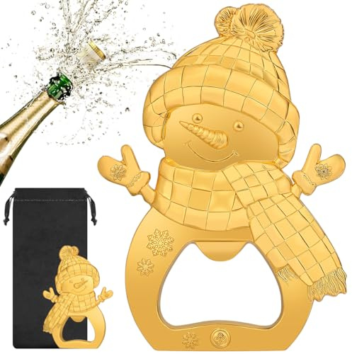 Apribottiglie Golden Snowman, regalo di Natale perfetto per uomini e donne per il compleanno, divertenti piccole cose natalizie, robusto apribottiglie in metallo per feste, bar e casa