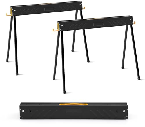 Heavy Duty Folding Saw Horses Twin Pack - 2PCS Metal Trestle Stands with Support Arms, Portable Workbench Solution