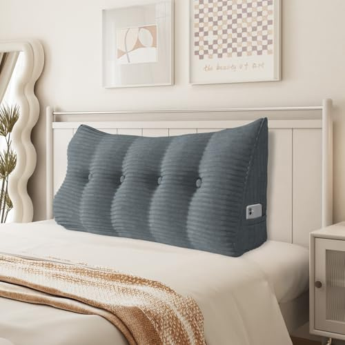 BNCKTRD Keilkissen Sofa Dicklich Rückenkissen Lesekissen für Bett und Couch, Rückenlehne Kopfende, Dreieckiges Sofakissen Bücherkissen, Wandkissen für Bett Herbst Winter, Kordsamt Grau 140cm