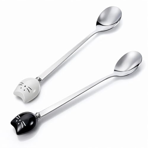 2 Pcs Cute Cat Spoon Set Cute Cat-Shaped Coffee Spoon Set Stainless Steel Tea Coffee Sugar Spoons Milk Drink Stirring Spoones Black and White Cat Design Cartoon Dessert Spoons Sets for Kitchen