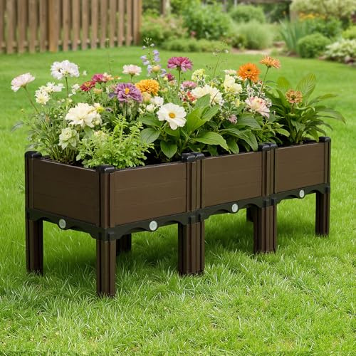 Warmiehomy Raised Garden Kits Self Watering, Outdoor Planters with Drainage Holes, Elevated PP Planter Box for Vegetables, Flowers and Herbs, 90x30x33cm, Brown