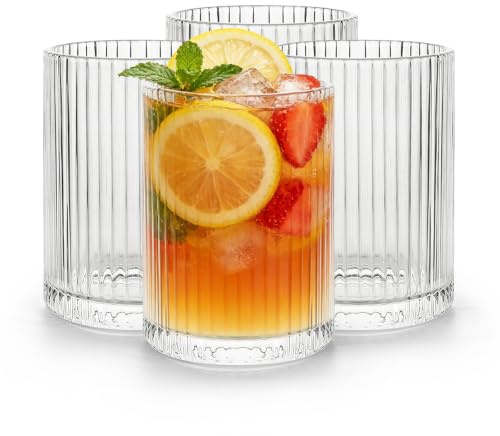 Aleker Coffee Glasses Set of 4, 250ml Crystal Ribbed Latte Glasses, Glass Mugs Borosilicate Glass Coffee Cups for Hot Tea, Flat White, Cappuccino, Espresso, Milk, Juice, Hot & Cold Home Party
