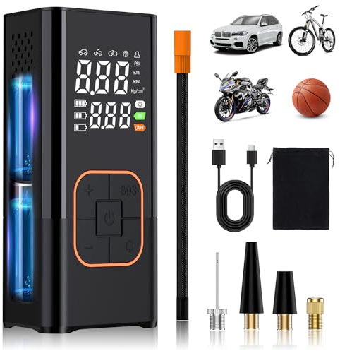 OHFAMO Compressore Aria Portatile per Pneumatici 150 PSI 7.4V – Pompa Gonfiaggio Senza Fili Digitale con Batteria 1800mAh×2, Arresto Automatico e Luce LED per Auto Moto Bicicletta Palloni