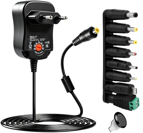 12W Adaptador de Corriente Universal, AC DC 3V 4.5V 5V 6V 7.5V 9V 12V 1A Cambios Regulados con 8 Conectores DC Transformador Alimentación para Router TV Box Tableta Cámara LED 1200 mA MAX